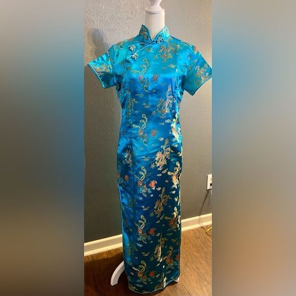 Women's Traditional Turquoise Dragon Long Chinese Dress Cheongsam Size XL - Picture 1 of 7